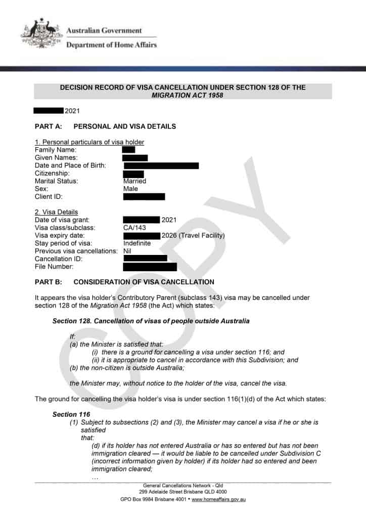 immigration lawyer section 128 visa cancellation