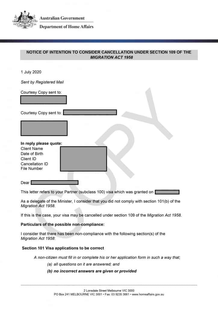 visa cancellation under section 109 for giving incorrect answers